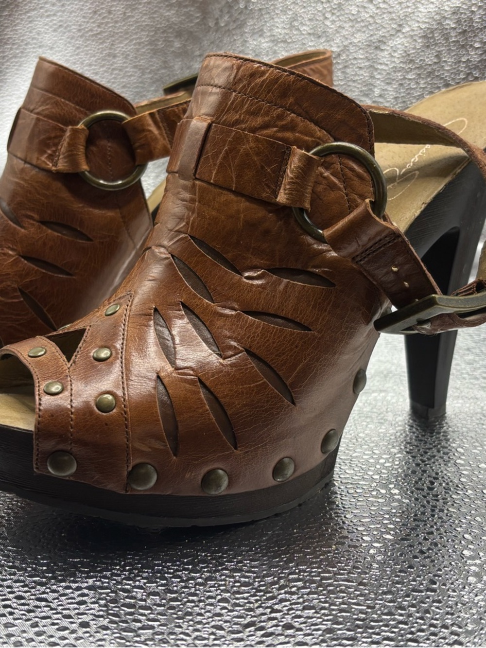 Y2K Jessica Simpson Brown Leather upper High-Heel Mules clogs with Stud Accents